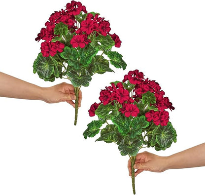 QIANYUN 2Pcs 19'' Realistic Artificial Geranium, Uv Resistant, Wedding Kitchen Garden Table Centerpieces Indoor Outdoor Decor (Red Geranium Flower)