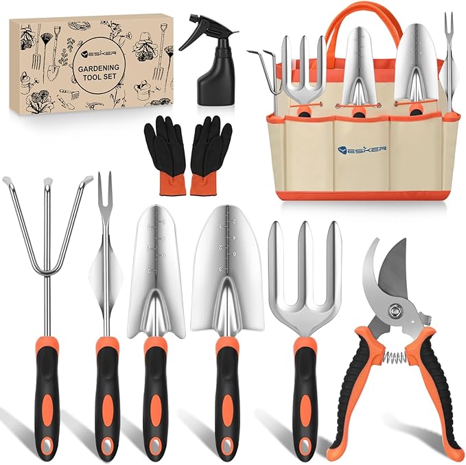 Yesker Gardening Tools 9-Piece Heavy Duty Garden Tool Set Gardening Supplies Gifts for Women Men Gardening Hand Tool Kit w Non-Slip Ergonomic Handle, Garden Bag, Durable Gloves, Spray Bottle, Orange
