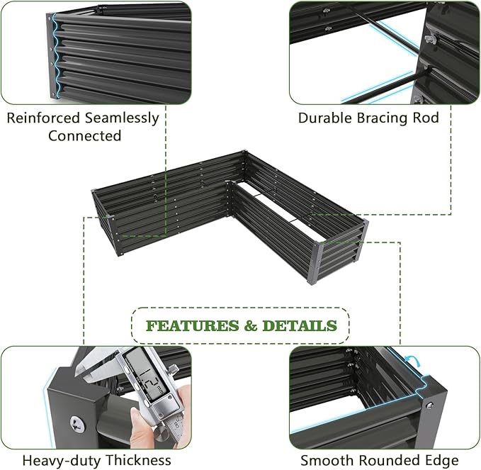 A ANLEOLIFE L-Shaped Galvanized Raised Garden Beds Outdoor,74x74x18in Large Metal Planter Box for Planting Vegetables Flowers Herb, Anti-Rust & Easy-Setup, Quartz Grey