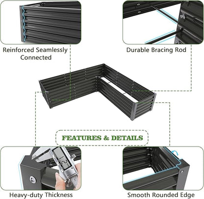 A ANLEOLIFE L-Shaped Galvanized Raised Garden Beds Outdoor,74x74x18in Large Metal Planter Box for Planting Vegetables Flowers Herb, Anti-Rust & Easy-Setup, Quartz Grey