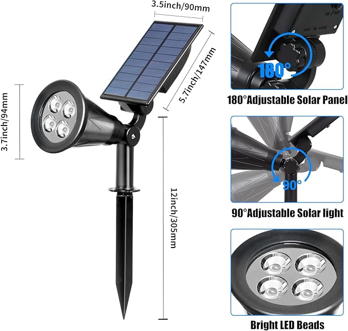 T-SUN Solar Spotlights Outdoor, 2 Pack White LED Landscape Lights, Waterproof Solar Powered Light with Auto On/Off, Adjustable Wall Lights for Yard, Garden, Patio, Driveway, Pool