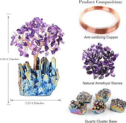 Natural Amethyst Crystal Tree of Life with Quartz Cluster Rainbow Titanium Crystal Base,Chakra Energy Healing Feng Shui Bonsai Money Tree Spritual Gift for Wealth and Luck