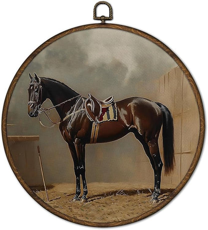 cvjutf Vintage Horse Wall Art Decor Framed, Horse Lover Gifts for Women, Hunting Equestrian Western Horses Round Wall Decor, Rustic Antique Canvas Prints Art for Home Bedroom Living Room, 10x10 Inch