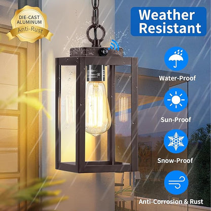 11'' Dusk to Dawn Outdoor Pendant Light, Modern Outside Chandelier Outdoor Hanging Lantern Light, Matte Brown with Clear Glass, Exterior Pendant Lighting Fixture for Porch, Yard, Gazebo, ORB (Small)