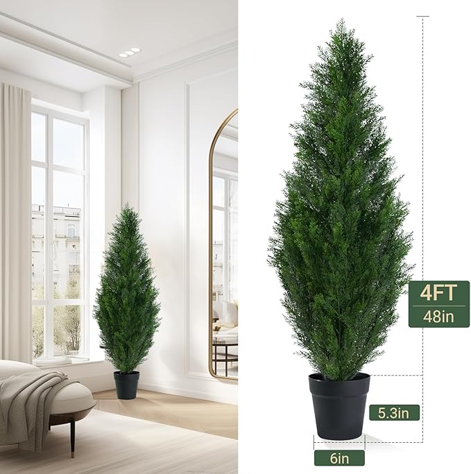 4FT Artificial Topiary Cedar Tree, Fake Cedar Plant for Indoor Outdoor Décor, UV Resistant Faux Evergreen Tree for Home Garden Porch Office, Artificial Christmas Tree Alternative Decoration,2Pack