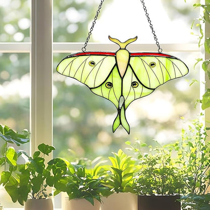 Luna Moth Stained Glass Window Hanging,Handcrafted Real Stained Glass Butterfly Window Suncatchers for Home Indoor Decor, Christmas Mother's Day Birthday Gifts for Women, Mom, Grandma