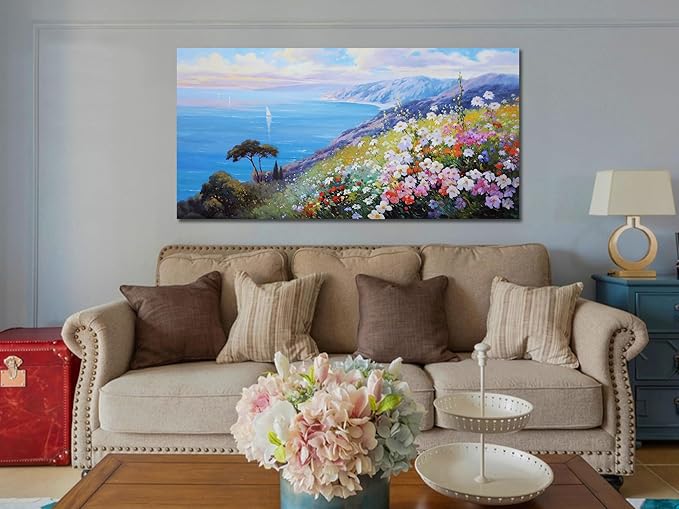 Enartly Blue Coastal Wall Art Canvas Ocean Seascape Painting Scenery Flower Colorful Landscape Textured Artwork Framed for Living Room Bedroom Bathroom Home Office Wall Decor, Large Size 40"x20"