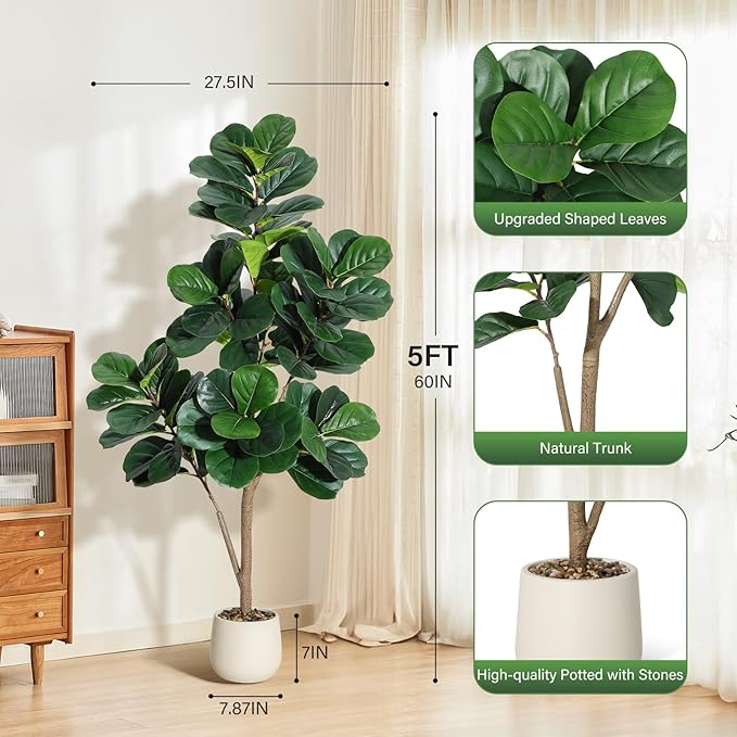 5 ft Fiddle Leaf Fig Tree Artificial with 77 Leaves - Realistic Faux Ficus Lyrata Trees in 7.8 in White Planter Pot, Indoor Fake Floor Plants for Home Office Living Room Decor, Housewarming Gift