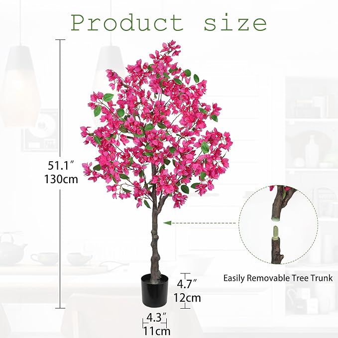Briful Artificial Bougainvillea Tree in Black Pot 51.1" Tall Faux Silk Bougainvillea Floral Tree with Realistic Trunk Pink Fake Bougainvillea Plant for Home Office Living Room Bedroom Décor
