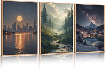 Large Modern City Moon Framed Canvas Wall Art,Forest Misty Wall Decor,Winter Town Night Wall Painting,Nature Landscape Picture Artwork for Living Room,Bedroom,Dining Room,Office -16"x24"x3