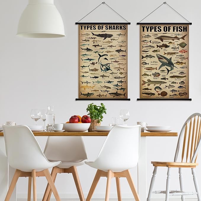 Geosar 2 Pcs Vintage Ocean Fish Poster Marine Animal Wall Decor Rustic Ocean Knowledge Picture Prints Wall Art Illustrative Reference Chart Poster for Home Office Classroom Bedroom, 15.7 x 23.6''