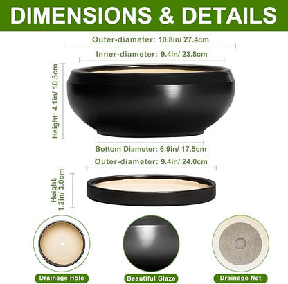 Bonsai Pots 10 Inch - Ceramic Succulent Planters Indoor Outdoor, Bonsai Pots with Drainage Hole and Tray, Modern Shallow Planter, Round Bowl Planter, Garden Decor, Garden Gift, Black