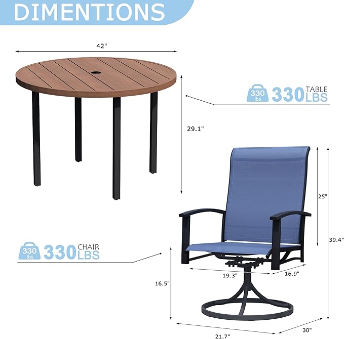 5 Piece Outdoor Dining Set, 42" Walnut Round Outdoor Dining Table with 4 Blue Swivel Patio Table and Chair Set of 4 for Lawn, Garden, or Porch