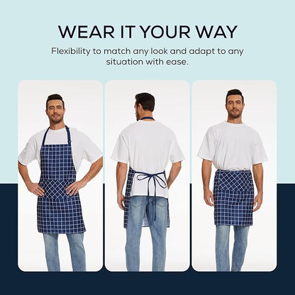 Will Well Kitchen Apron for Men and Women - 33" x 27" Oil-and-Water-Resistant with Adjustable Neck Strap and 38" Waist Ties for a Snug Fit, Lightweight with 2 Front Pockets - 2-Pack, Navy Checkered