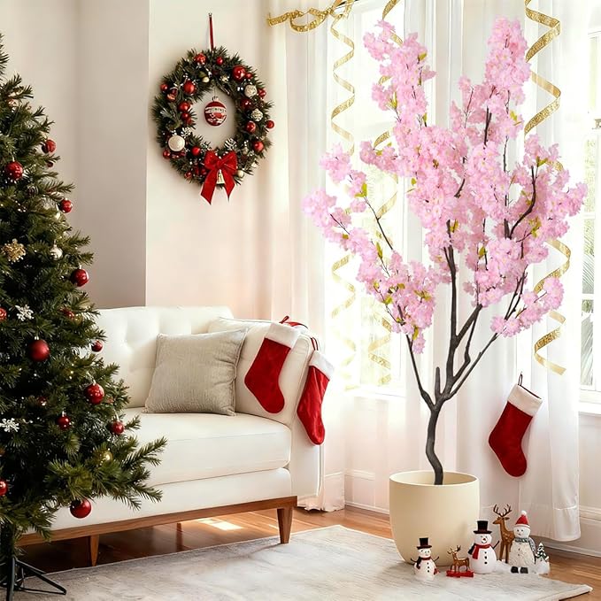 7.2ft Artificial Cherry Blossom Tree for Indoor Decor,Nearly Nature Pink Silk Flowers Fake Tree Tall,Realistic Faux Cherry Plant Tree for Christmas New Year Decor