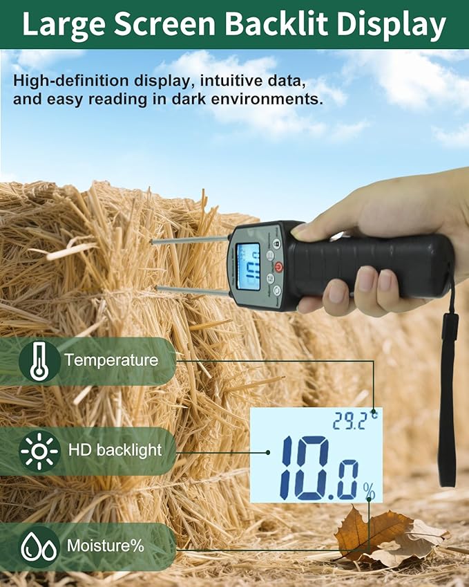 Hay Moisture Tester, Portable Hay Moisture Meter, Hay Bale Moisture Tester with Dual Probe, Forage Moisture Tester with Automatic Temperature Compensation for Alfalfa, Forage, Orchard Grass, Bales