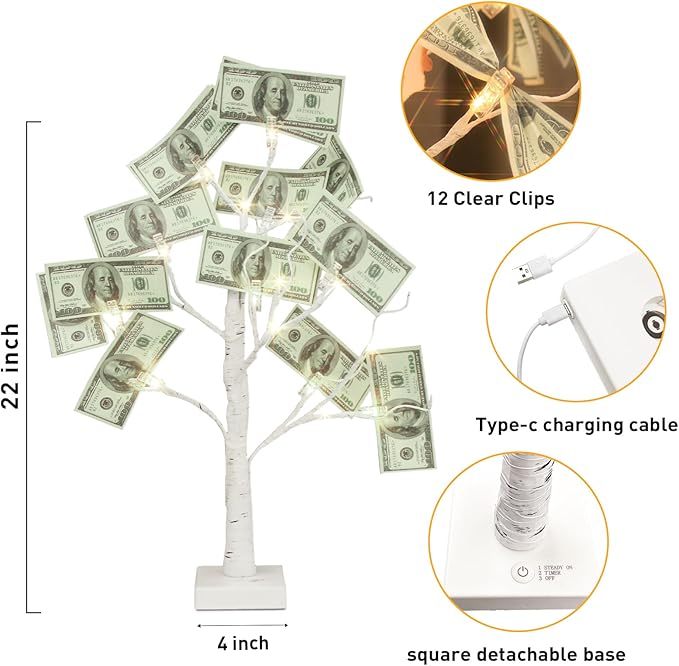 PABIPABI Money Tree Gift Holder, Set of 2 Birch Tree with 24 Clear Clips, Battery/USB Powered Timer Tabletop Trees for Home Party, Christmas, Wedding, Birthday Graduation (Warm White)