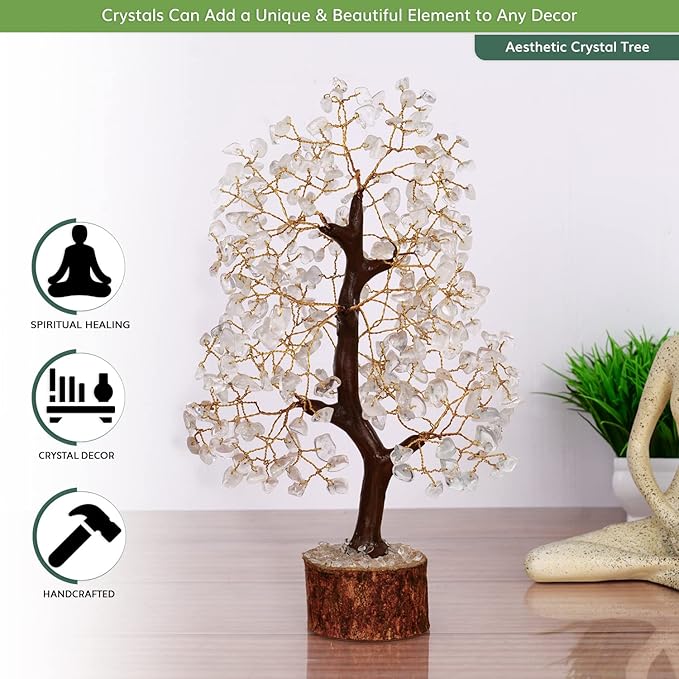 NARIBABU Clear Quartz Crystal Tree – 10-12 Inch Gemstone Tree with Golden Wire & Wooden Base – Healing Crystals Decor, Gifts for Her, Spiritual Gift, Birthday Gift for Women