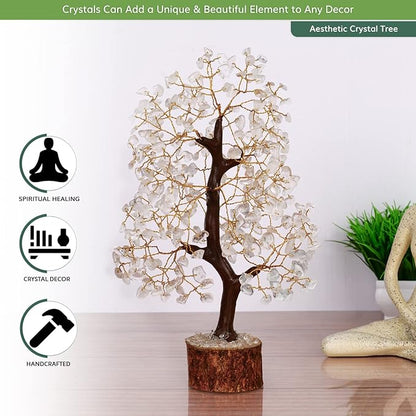 NARIBABU Clear Quartz Crystal Tree – 10-12 Inch Gemstone Tree with Golden Wire & Wooden Base – Healing Crystals Decor, Gifts for Her, Spiritual Gift, Birthday Gift for Women
