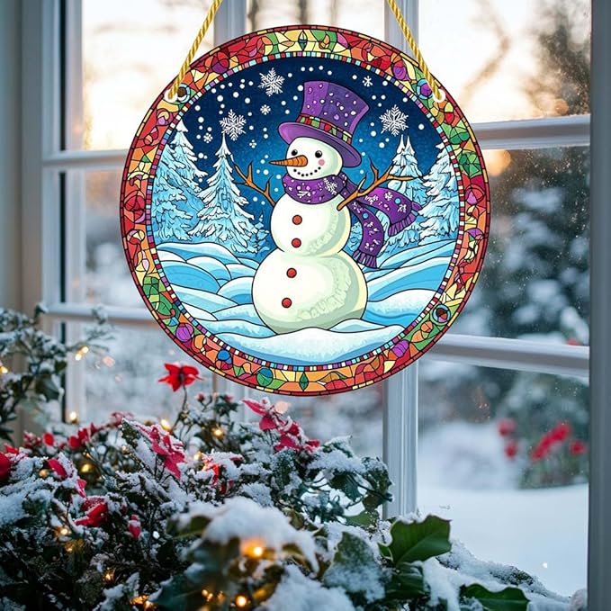 Acrylic Window Hanging Winter Snowman Stained Panel Window Decoration for Outdoor Indoor Garden Yard Home Winter Decor 8 Inch