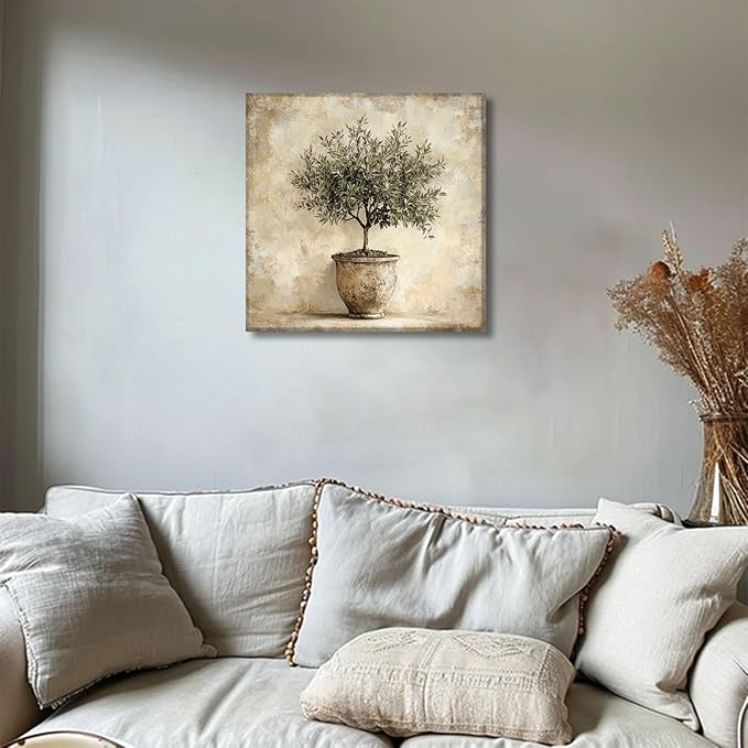 Olive Tree in Vessel Rustic Canvas Wall Art Neutral Botanical Wall Decor Pictures Antique Vintage Potted Plant Poster Prints for Farmhouse Kitchen Dining Room Home Decoration 12x12in Ready to Hang