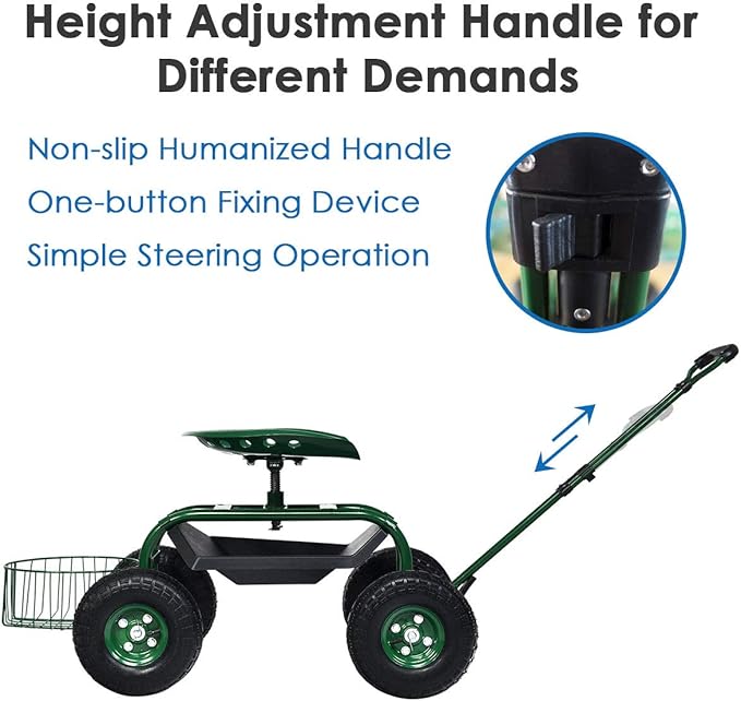 Goplus Rolling Garden Cart with Seat, Outdoor Garden Stool with Wheels, Tool Tray & Basket, Adjustable Steering Handle, 360 Degree Swivel Seat for Planting, Gardening Scooter for Lawn, Yard, Patio
