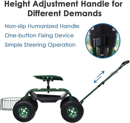 Goplus Rolling Garden Cart with Seat, Outdoor Garden Stool with Wheels, Tool Tray & Basket, Adjustable Steering Handle, 360 Degree Swivel Seat for Planting, Gardening Scooter for Lawn, Yard, Patio
