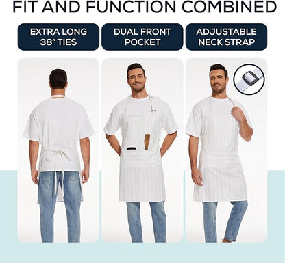 Will Well Kitchen Apron for Men and Women - 33" x 27" Oil-and-Water-Resistant with Adjustable Neck Strap and 38" Waist Ties for a Snug Fit, Lightweight with 2 Front Pockets - 6-Pack, White Stripe