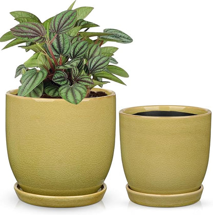 Ceramic Plant Pots 5 Inch + 4 Inch Set of 2, Flower Plants Pot with Drainage Holes and Saucers Tray Planter Garden Pot for Succulent Cactus Home Decoration Gift Indoor Outdoor Green