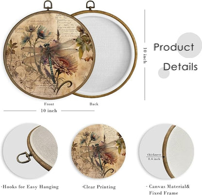 MAQIKA Vintage Dragonfly Framed Wall Art Decor, Dragonfly Wall Decor, Dragon Fly Botanical Round Wall Hanging Decor, Retro Dragonflies Canvas Prints Wall Art for Bedroom Living Room, 10x10 Inch
