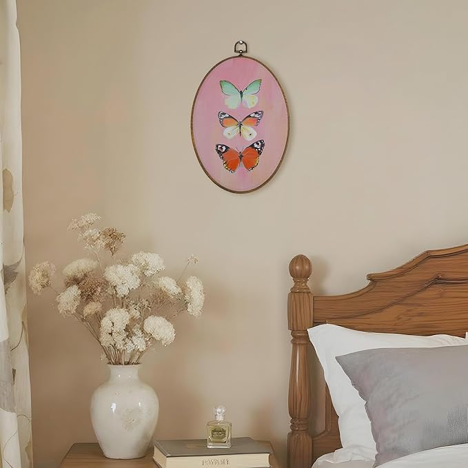 LKETW Butterfly Oval Wall Art Decor, Colorful Butterfly Oval Canvas Hanging Decor, Nature Insert Pink Wall Decorations for Girly Room Bedroom Home Living Room Office, 8.6x11.4 Inch