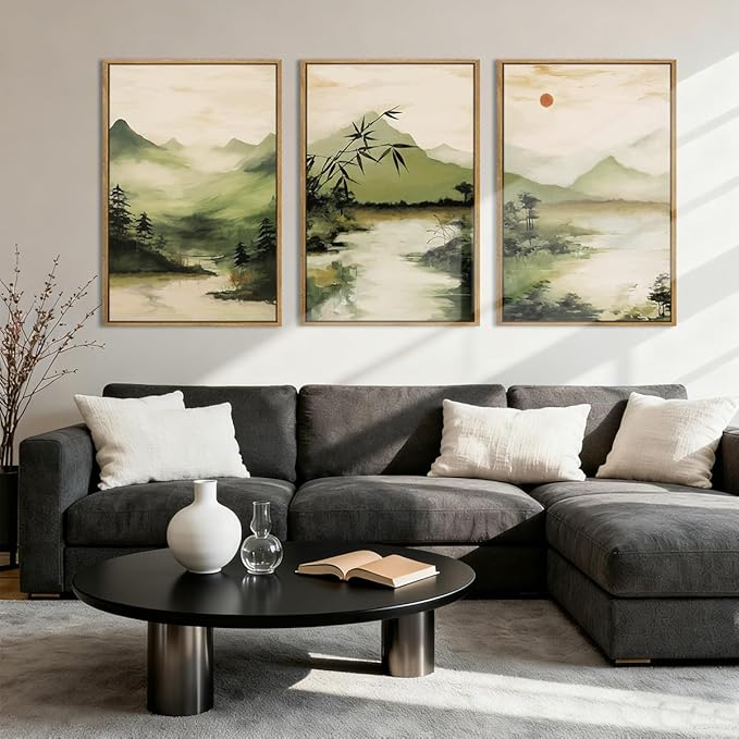 ANHUIB Green Mountain Wall Art Japanese Misty Landscape Wall Decor Foggy Forest Painting 16x24 Inch for Living Room Bedroom Bathroom