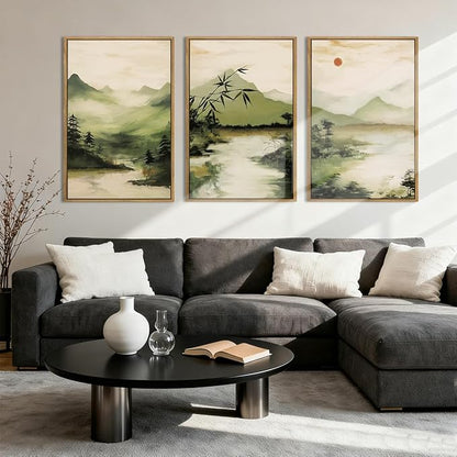 ANHUIB Green Mountain Wall Art Japanese Misty Landscape Wall Decor Foggy Forest Painting 16x24 Inch for Living Room Bedroom Bathroom