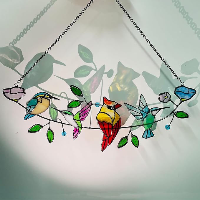 Stained Glass Window Hanging, Birds on A Branch Stained Glass Suncatcher Cardinal Hummingbird Kingfisher Glass Panel Sun Catchers for Indoor Windows Hanging Home Decor,Gifts for Women,Bird Lover