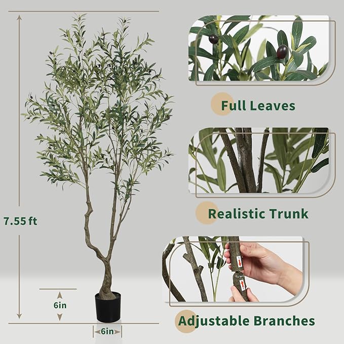 7.55ft Artificial Olive Tree, Faux Olive Tree with Lifelike Fruits, 90.55in Fake Olive Tree with Sturdy Plastic Pot, Artificial Plants for Office Home Living Room Indoor Outdoor Decor