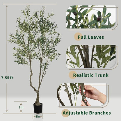 7.55ft Artificial Olive Tree, Faux Olive Tree with Lifelike Fruits, 90.55in Fake Olive Tree with Sturdy Plastic Pot, Artificial Plants for Office Home Living Room Indoor Outdoor Decor