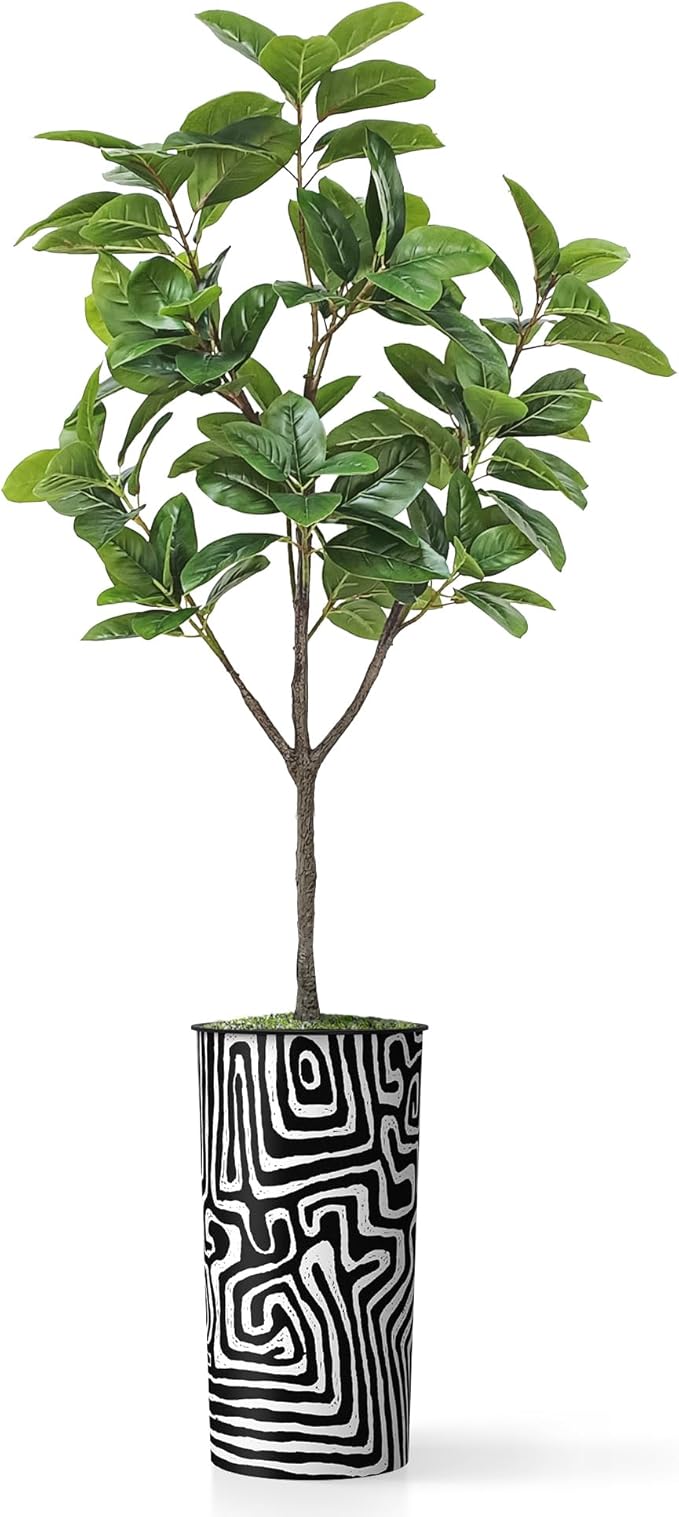 Artificial Tree in Modern Geometric Pattern Planter, Fake Rubber Silk TRE for Indoor and Outdoor Home Decoration - 70" Overall Tall (Plant Pot Plus Tree)