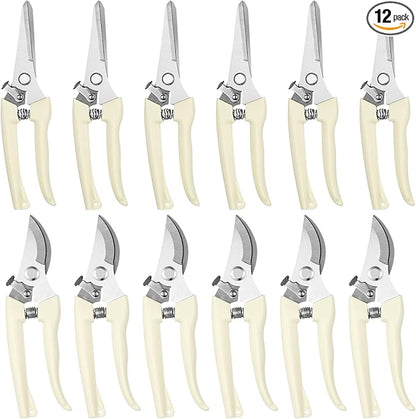 12 Pcs Garden Shears Flower Scissors Pruning Shears Floral Garden Clippers Hand Pruners Branch Cutter Gardening Tools for Plants Cutting, Trimming, Fruits Picking(Bypass, Straight)