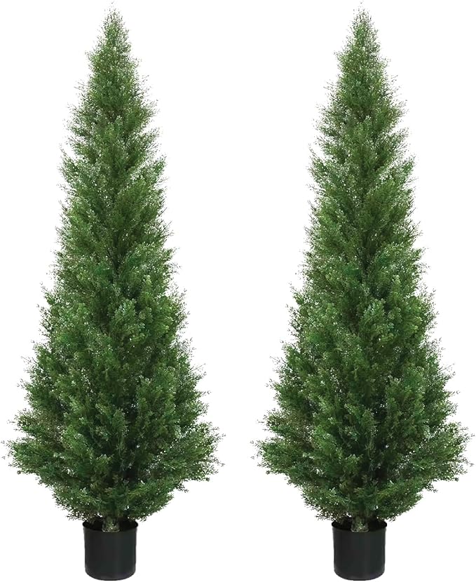 Two 5 Foot Outdoor Artificial Cedar Topiary Trees Potted Plants Two Peace Construction