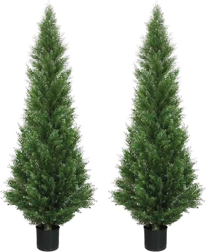 Two 5 Foot Outdoor Artificial Cedar Topiary Trees Potted Plants Two Peace Construction