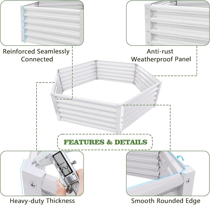 A ANLEOLIFE Hexagon Metal Raised Garden Bed, 18'' Tall Galvanized Flower & Ornamental Planter, 3FT Wide Decorative Raised Bed, Antique White