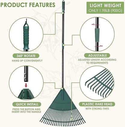 ORIENTOOLS Garden Leaf Rake, Garden Rakes for Lawns Leaves with 47-65" Adjustable Black Handle Rake, 26 Strong Tines Plastic Head Shrub Rake, Yard Garden Rake for Lawns, Flower Beds Leaves Cleaning
