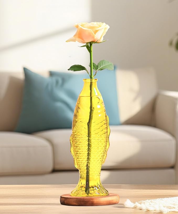 Nacome Fish Vase Propagation Stations: Glass Plant Terrarium with Wooden Stand for Home Office Desk Decor, Unique Gifts for Plant Lovers Women Mom (Yellow)