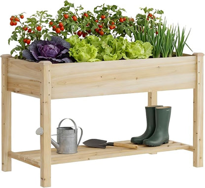 Raised Garden Bed, Planter Box with Storage Shelf, Elevated Wooden Planter Box with Legs, Garden Planter for Backyard, Patio, Balcony, Natural Wood (Natural, M)