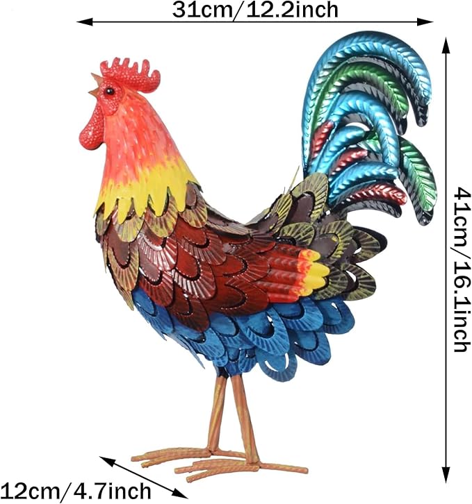 Metal Rooster Statues, Garden Chicken Decorations, Outdoor Chicken Sculptures, Metal Yard Rooster Artwork for Yard Farm Patio Lawn Porch Kitchen Decoration (Brown-Blue)