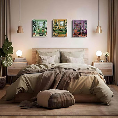 Framed Botanical Garden Living Room Wall Art, Black Cat and Plants Reading Room Home Decor, 4 Piece Canvas Prints 8 x 10 Inch
