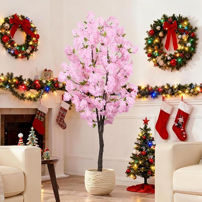Pink Artificial Cherry Blossoms Tree Faux Cherry Blossom Tree Indoor Beautiful Trees for Home Christmas New Year Decor