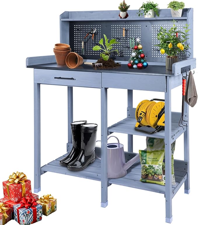 Outdoor Potting Bench Table,Garden Work Bench Metal Tabletop Horticulture with Shelf Rack Wooden Potting Benches for Outside with Holey Board/Hooks/Pads/Drawer/Adjustable and Cabinet,Gray