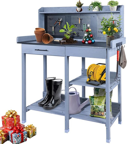 Outdoor Potting Bench Table,Garden Work Bench Metal Tabletop Horticulture with Shelf Rack Wooden Potting Benches for Outside with Holey Board/Hooks/Pads/Drawer/Adjustable and Cabinet,Gray