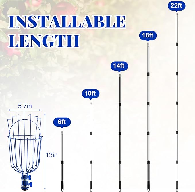 22.5ft Adjustable Fruit Picker Pole with Basket Long Handle with Storage Bag and Gloves Fruit Picker Equipment for Lemons Apples Avocados Picking (Blue)